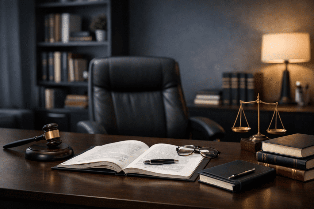Ceza hukuku sürecinde hukuki danışmanlık temasını yansıtan modern avukatlık ofisi görseli