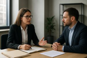 Adana’da bir hukuk bürosunda avukat ile danışanın profesyonel görüşme yapması