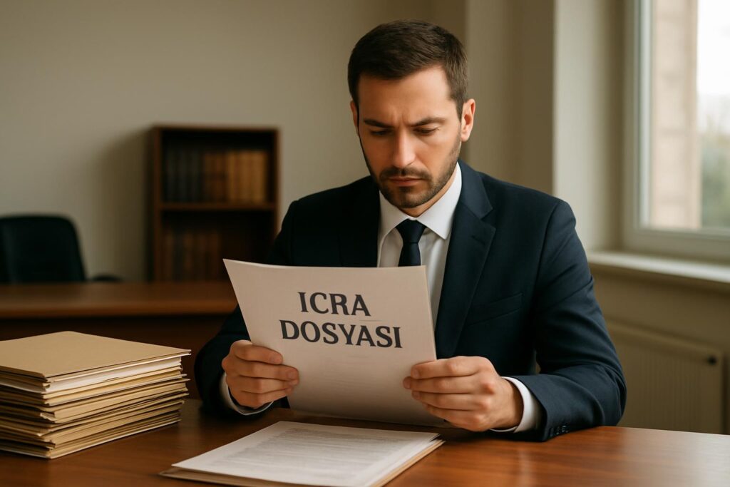 Ofiste icra dosyalarını inceleyen profesyonel bir avukat ve masada düzenli evraklar